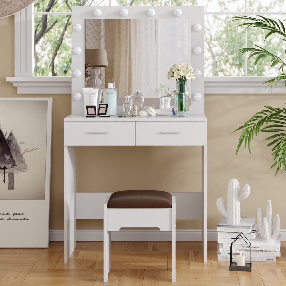 Fidel Vanity Set with Cushioned Stool and Lighted Mirror- White V264-TAB-716C-WHE-NA-1
