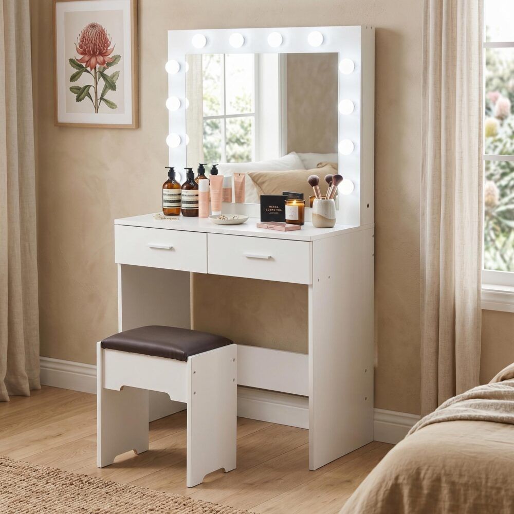 Fidel Vanity Set with Cushioned Stool and Lighted Mirror- White V264-TAB-716C-WHE-NA-1