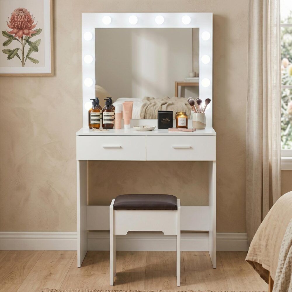 Fidel Vanity Set with Cushioned Stool and Lighted Mirror- White V264-TAB-716C-WHE-NA-1