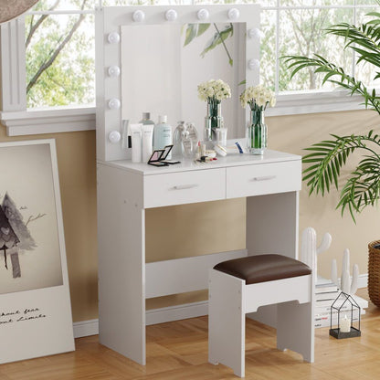 Fidel Vanity Set with Cushioned Stool and Lighted Mirror- White V264-TAB-716C-WHE-NA-1