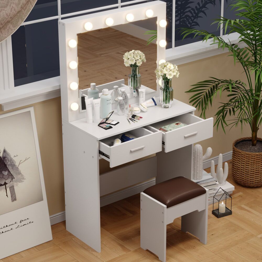Fidel Vanity Set with Cushioned Stool and Lighted Mirror- White V264-TAB-716C-WHE-NA-1