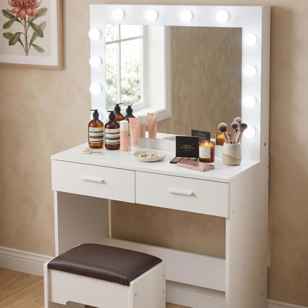 Fidel Vanity Set with Cushioned Stool and Lighted Mirror- White V264-TAB-716C-WHE-NA-1