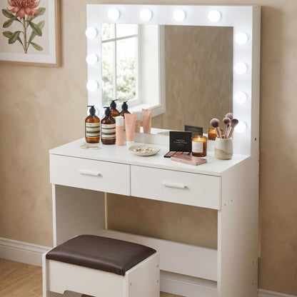 Fidel Vanity Set with Cushioned Stool and Lighted Mirror- White V264-TAB-716C-WHE-NA-1