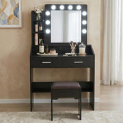 Diana Vanity Set with Shelves Cushioned Stool and Lighted Mirror- Black V264-TAB-717C-BLK-NA-1