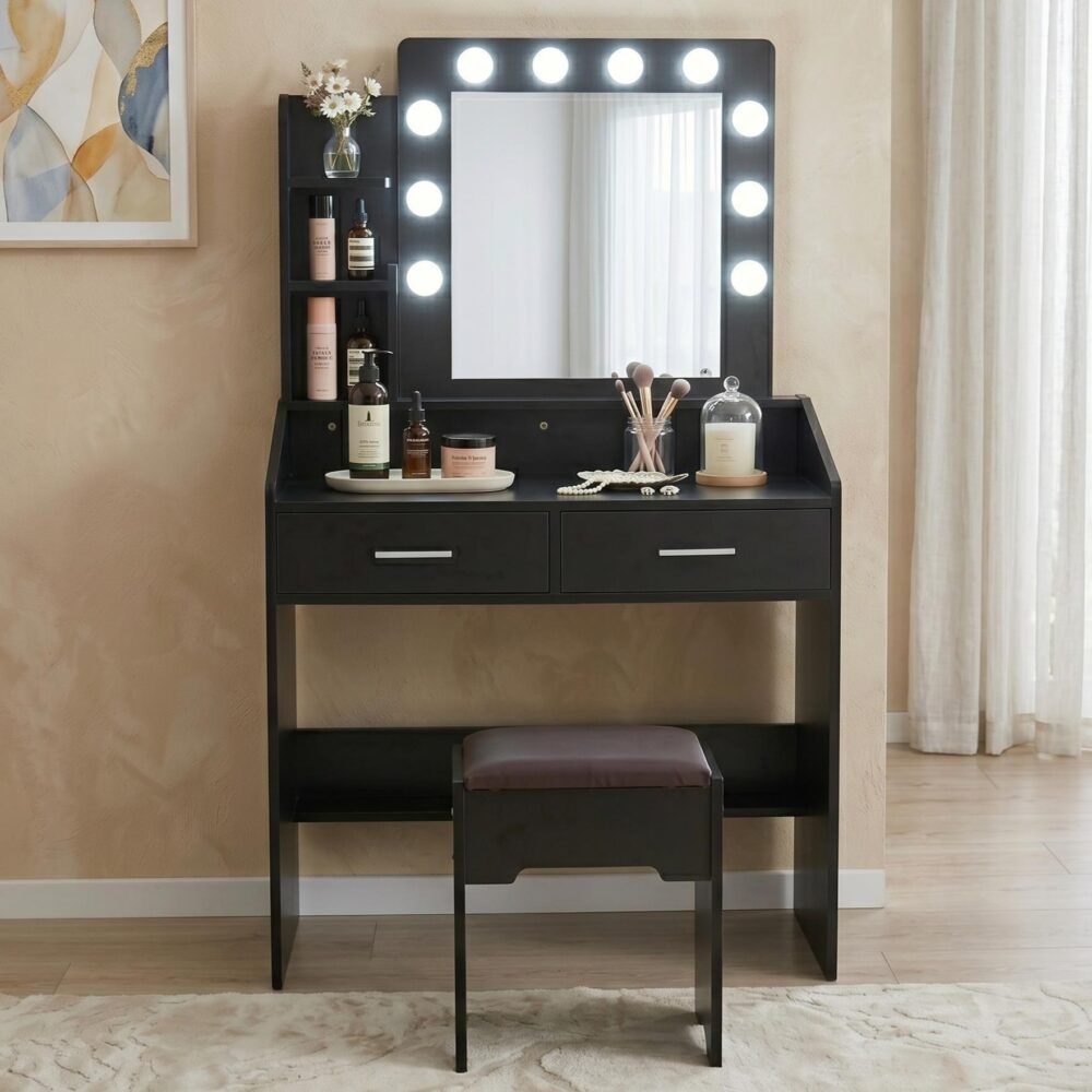 Diana Vanity Set with Shelves Cushioned Stool and Lighted Mirror- Black V264-TAB-717C-BLK-NA-1