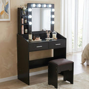 Diana Vanity Set with Shelves Cushioned Stool and Lighted Mirror- Black V264-TAB-717C-BLK-NA-1