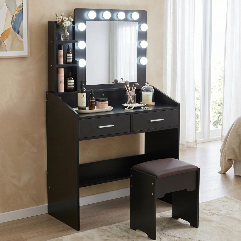 Diana Vanity Set with Shelves Cushioned Stool and Lighted Mirror- Black V264-TAB-717C-BLK-NA-1