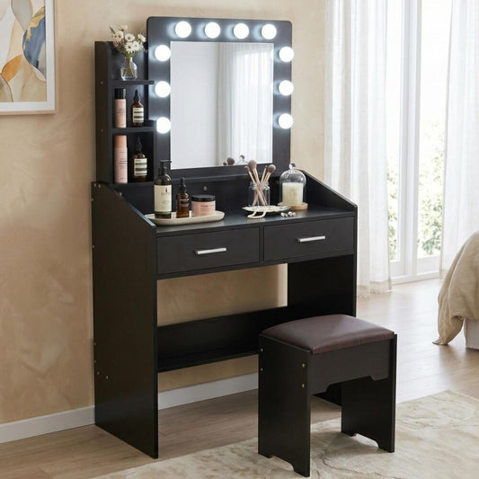 Diana Vanity Set with Shelves Cushioned Stool and Lighted Mirror- Black V264-TAB-717C-BLK-NA-1