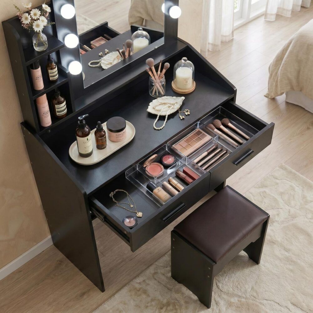Diana Vanity Set with Shelves Cushioned Stool and Lighted Mirror- Black V264-TAB-717C-BLK-NA-1