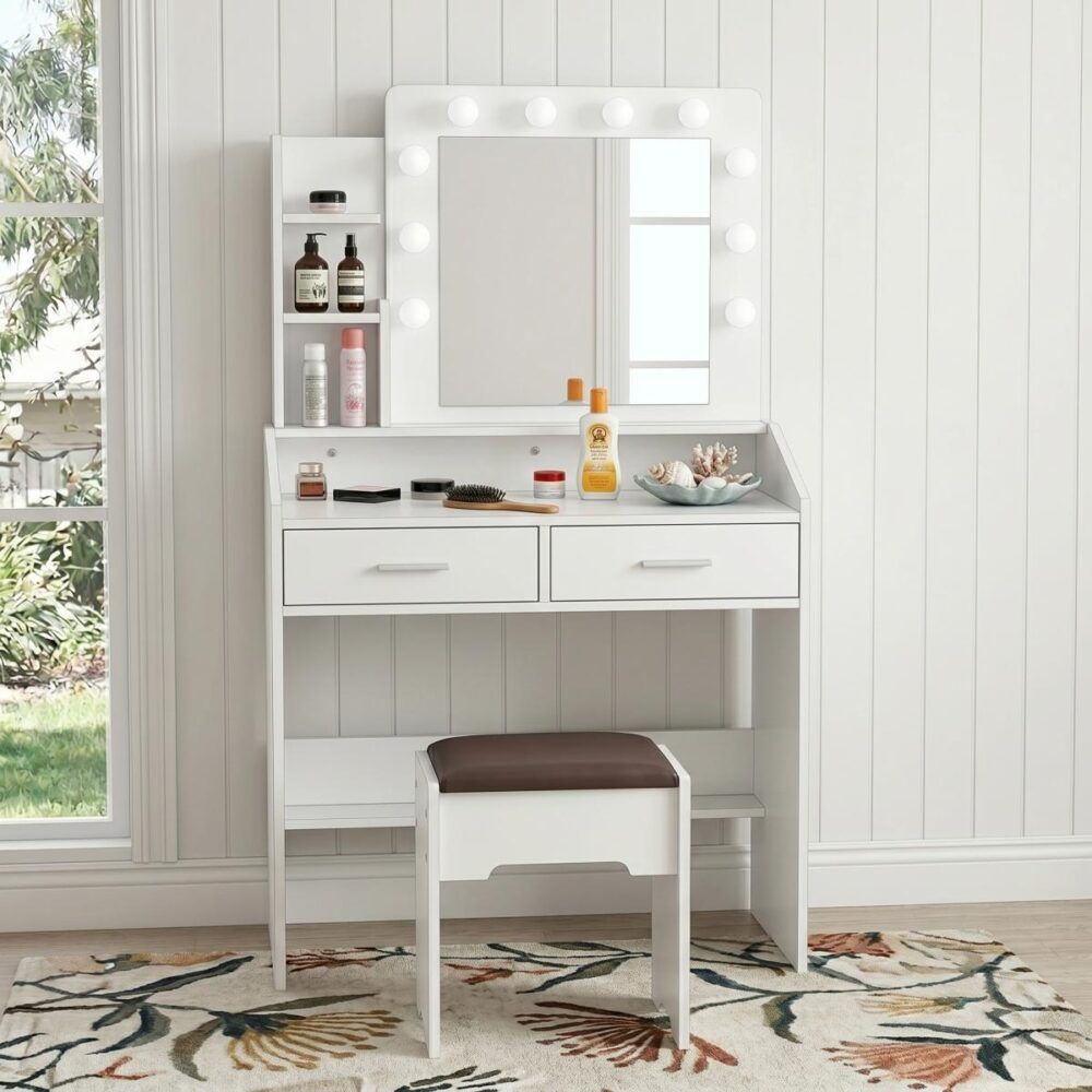 Diana Vanity Set with Shelves Cushioned Stool and Lighted Mirror- White V264-TAB-717C-WHE-NA-1