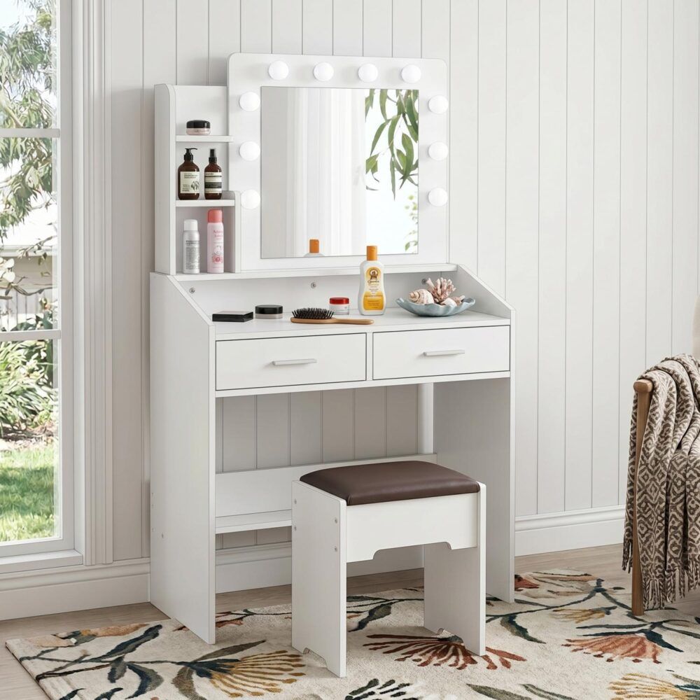 Diana Vanity Set with Shelves Cushioned Stool and Lighted Mirror- White V264-TAB-717C-WHE-NA-1