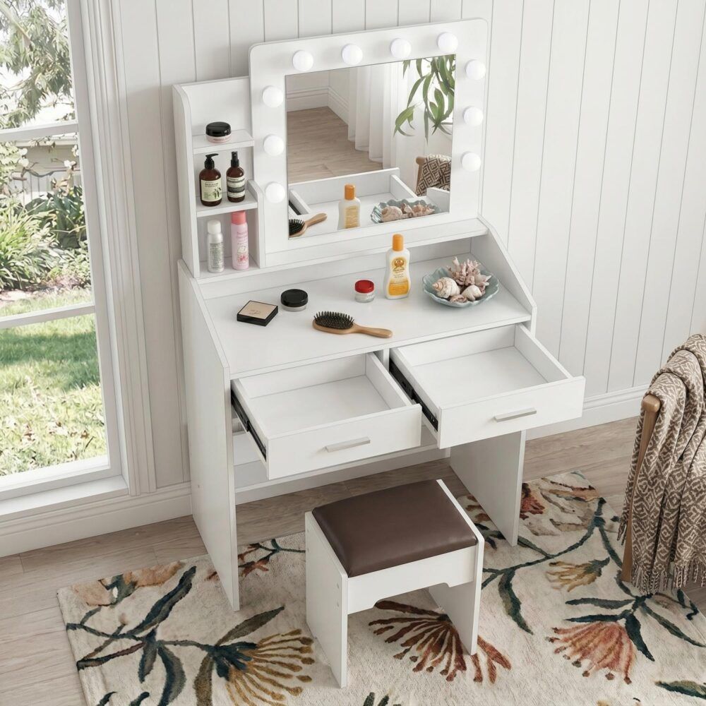 Diana Vanity Set with Shelves Cushioned Stool and Lighted Mirror- White V264-TAB-717C-WHE-NA-1
