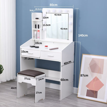 Diana Vanity Set with Shelves Cushioned Stool and Lighted Mirror- White V264-TAB-717C-WHE-NA-1