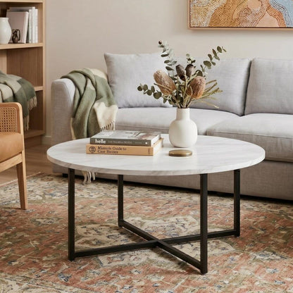 White Marble Effect Round Coffee Table with Black Legs V264-TAB-719C-WHE-BK