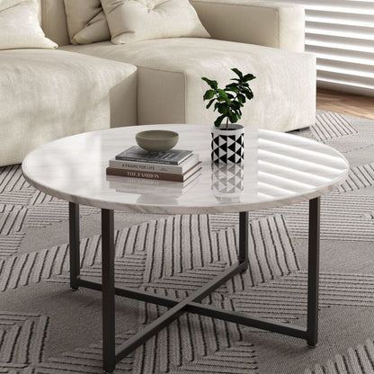 White Marble Effect Round Coffee Table with Black Legs V264-TAB-719C-WHE-BK