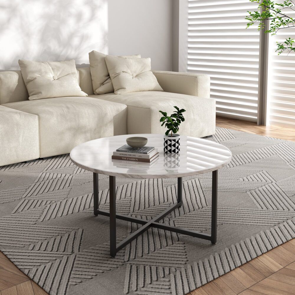 White Marble Effect Round Coffee Table with Black Legs V264-TAB-719C-WHE-BK