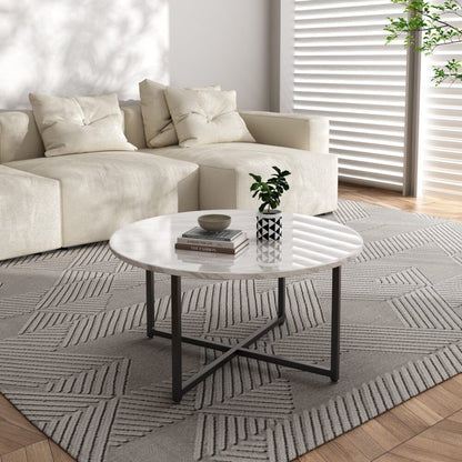 White Marble Effect Round Coffee Table with Black Legs V264-TAB-719C-WHE-BK