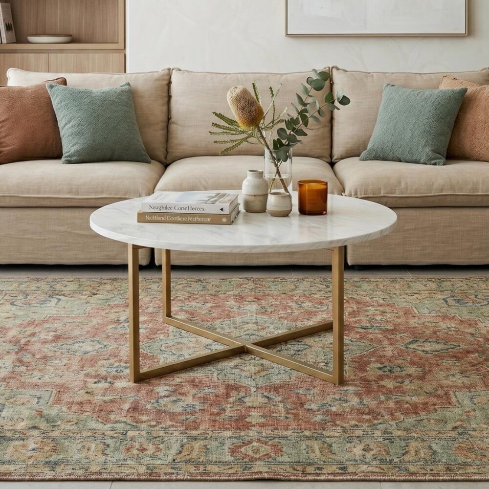 White Marble Effect Round Coffee Table with Gold Legs V264-TAB-719C-WHE-GD