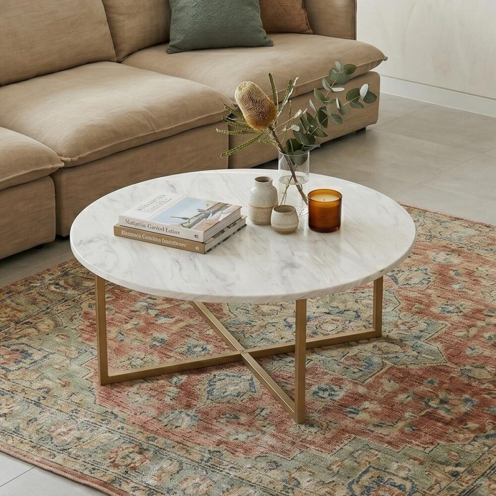 White Marble Effect Round Coffee Table with Gold Legs V264-TAB-719C-WHE-GD