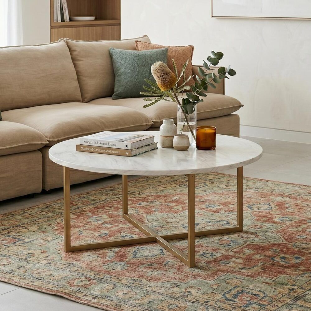 White Marble Effect Round Coffee Table with Gold Legs V264-TAB-719C-WHE-GD