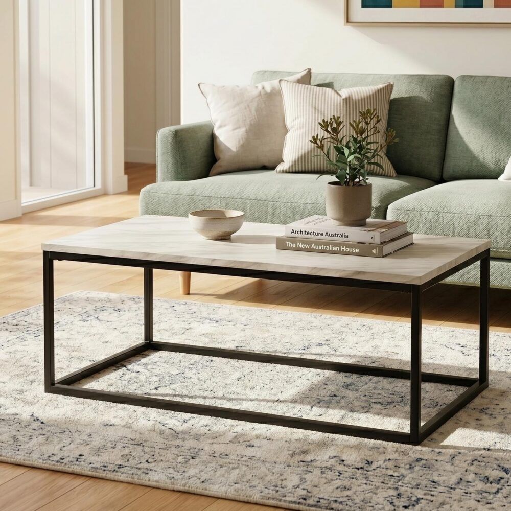 Industrial Style Marble Effect Rectangular Coffee Table V264-TAB-720C-WHE