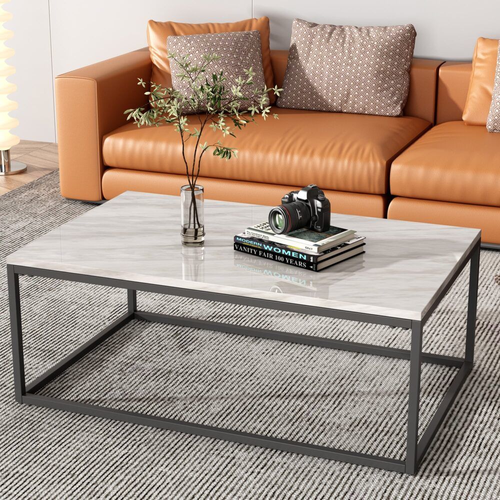 Industrial Style Marble Effect Rectangular Coffee Table V264-TAB-720C-WHE
