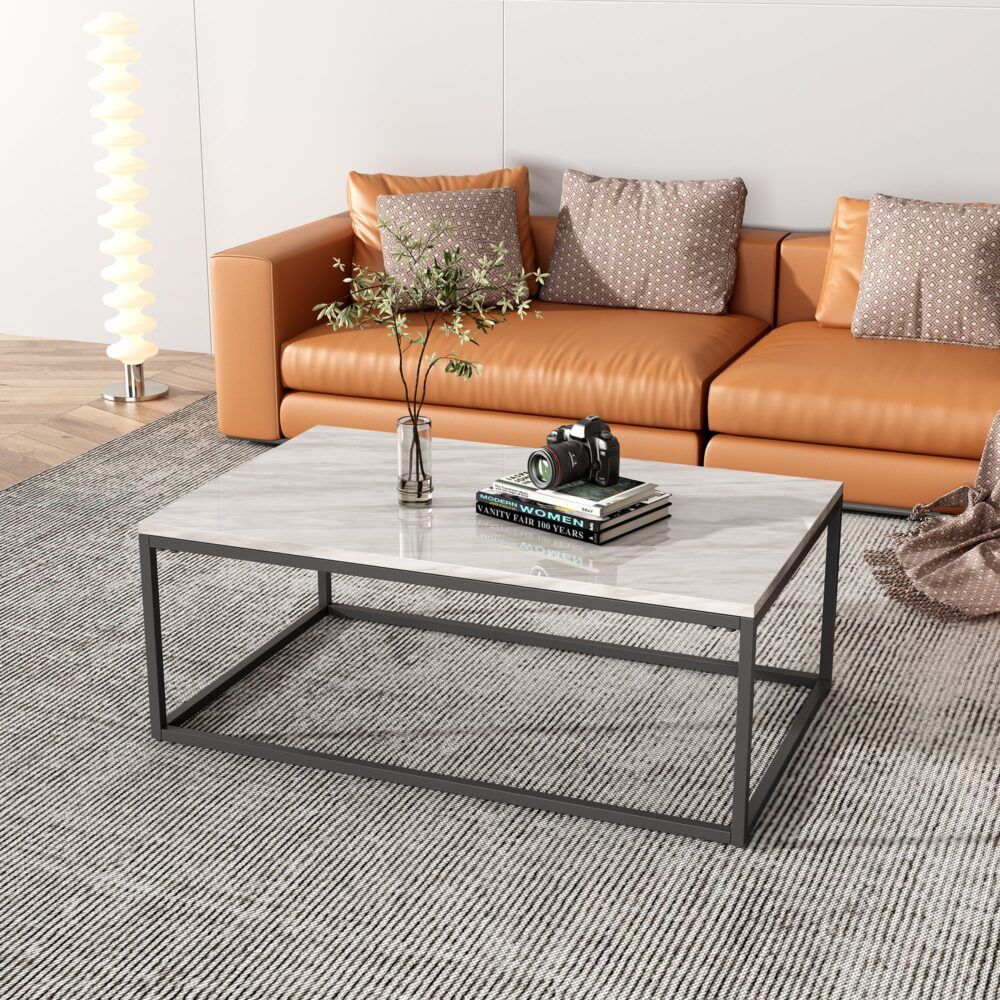 Industrial Style Marble Effect Rectangular Coffee Table V264-TAB-720C-WHE