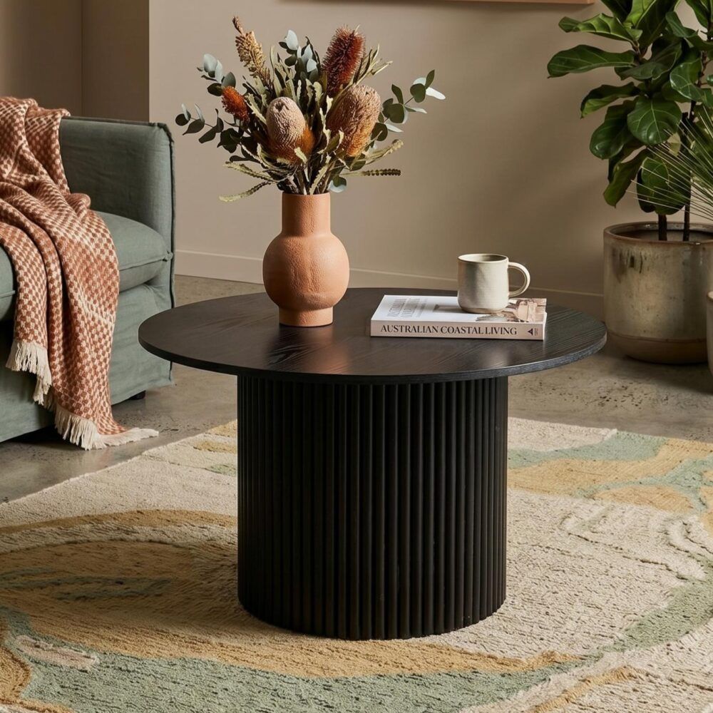 Luxe Black Ribbed Texture Wooden Coffee Table V264-TAB-723C-BLK-NA-1