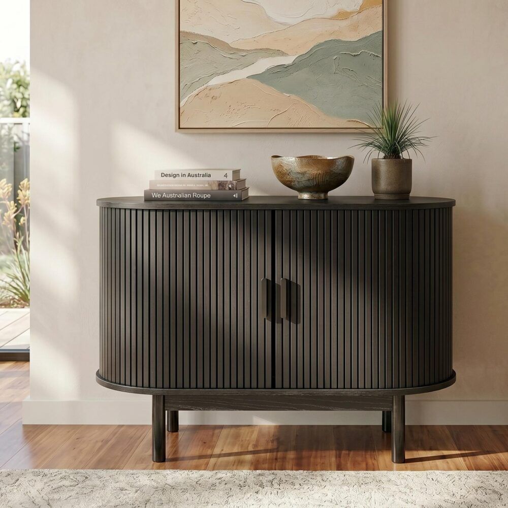 Mid-Century Black Ribbed Sideboard Cabinet V264-TAB-725C-BLK-NA-1