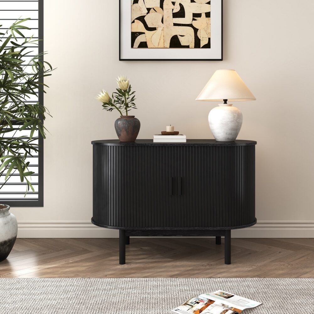 Mid-Century Black Ribbed Sideboard Cabinet V264-TAB-725C-BLK-NA-1