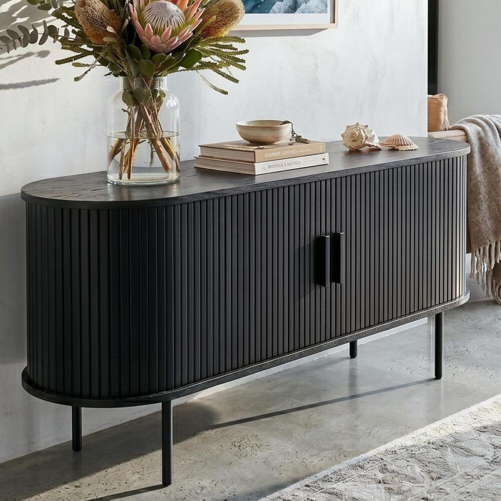 Ribbed Black Sideboard with Sliding Doors V264-TAB-726C-BLK-NA-1