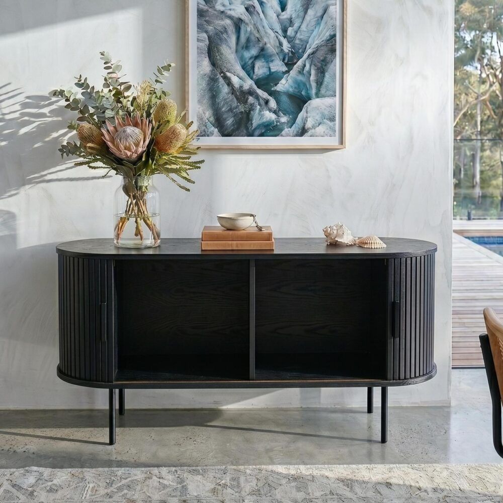 Ribbed Black Sideboard with Sliding Doors V264-TAB-726C-BLK-NA-1