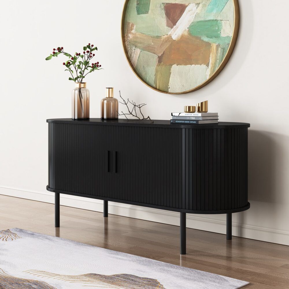 Ribbed Black Sideboard with Sliding Doors V264-TAB-726C-BLK-NA-1