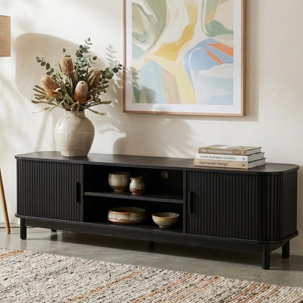 160cm Ribbed Black Entertainment Unit V264-TAB-727C-BLK