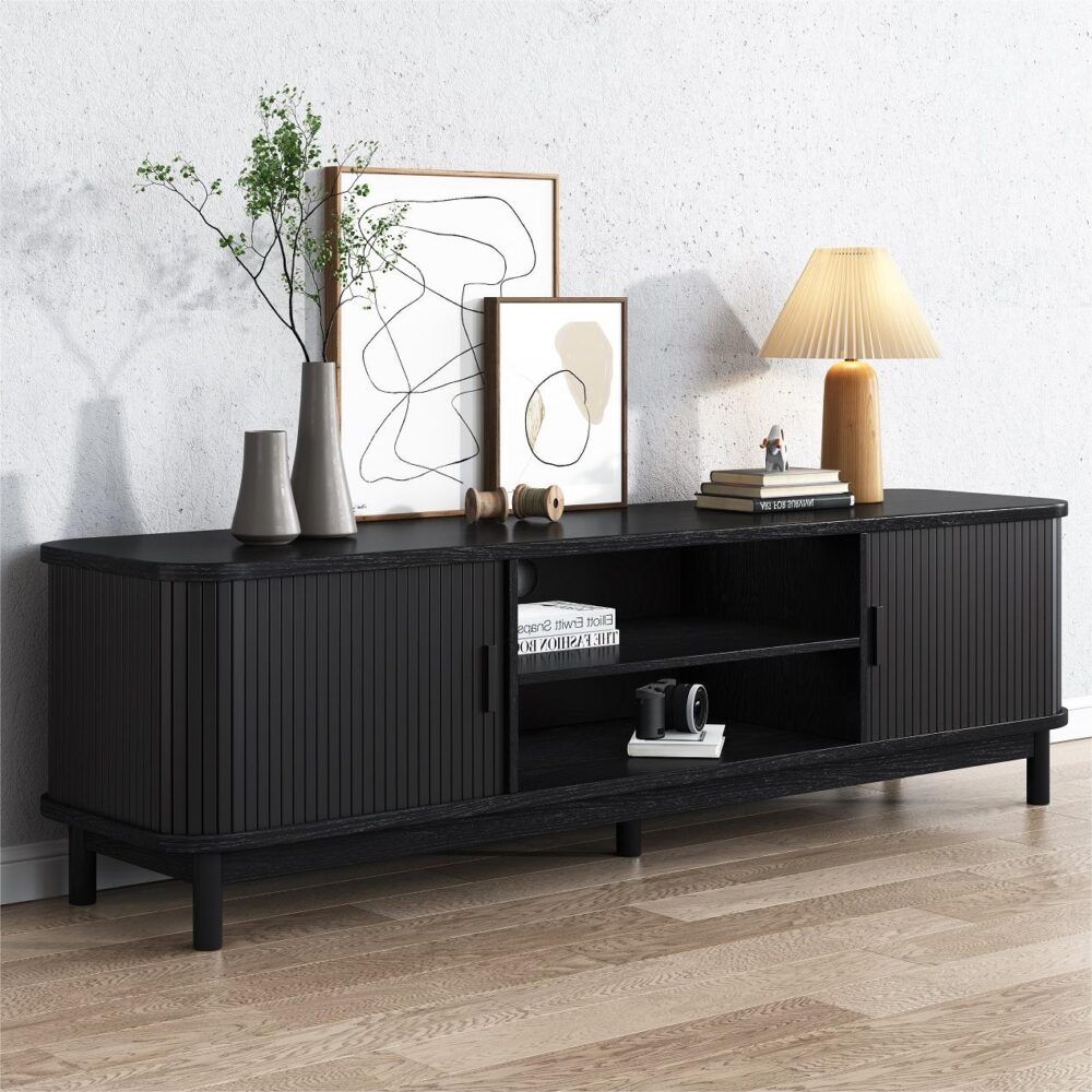 160cm Ribbed Black Entertainment Unit V264-TAB-727C-BLK