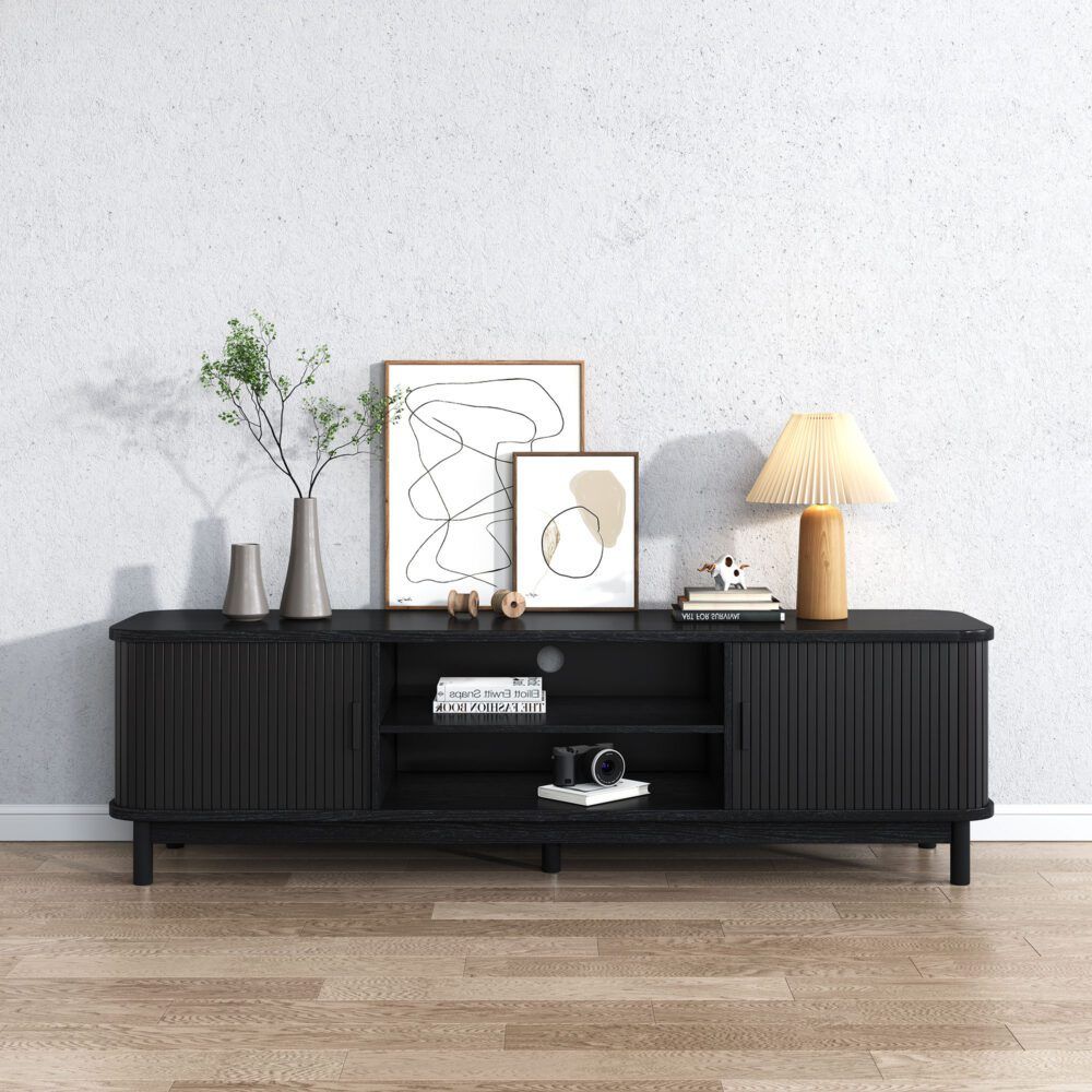 160cm Ribbed Black Entertainment Unit V264-TAB-727C-BLK