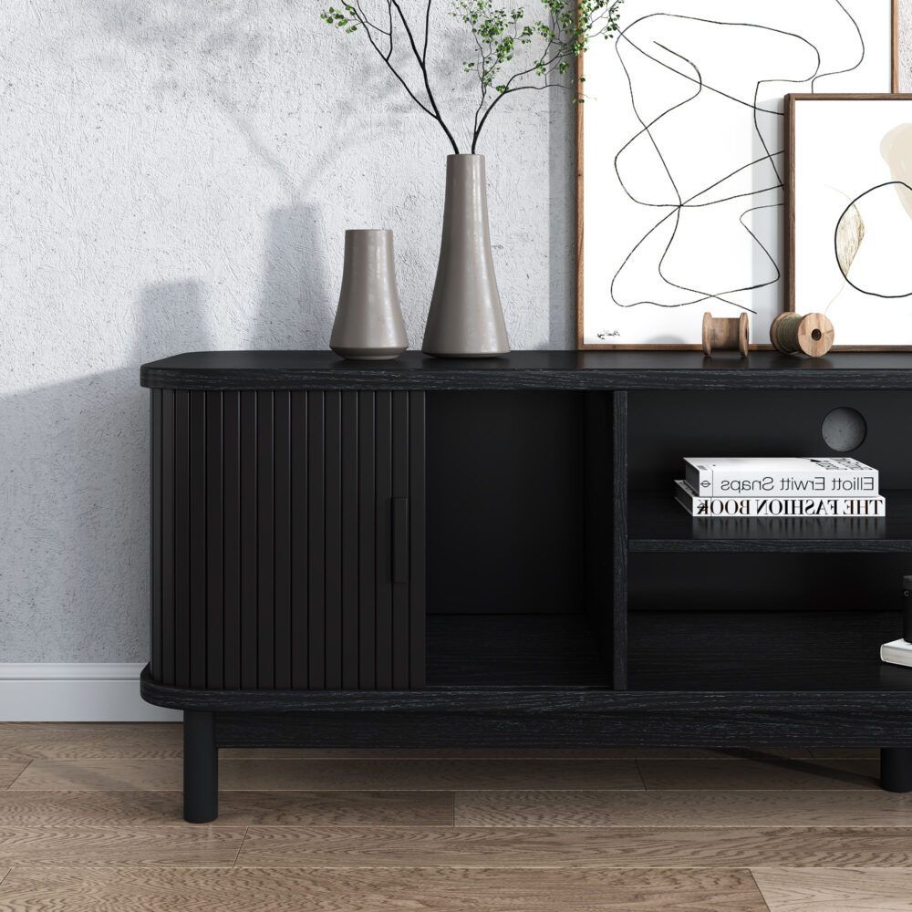160cm Ribbed Black Entertainment Unit V264-TAB-727C-BLK