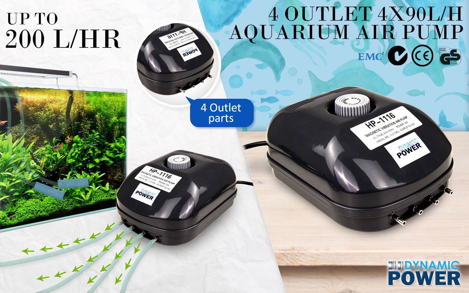 Aquarium Air Pump Oxygen Hydroponic 4 Outlet 360L/H 13W V274-AQ-AP13