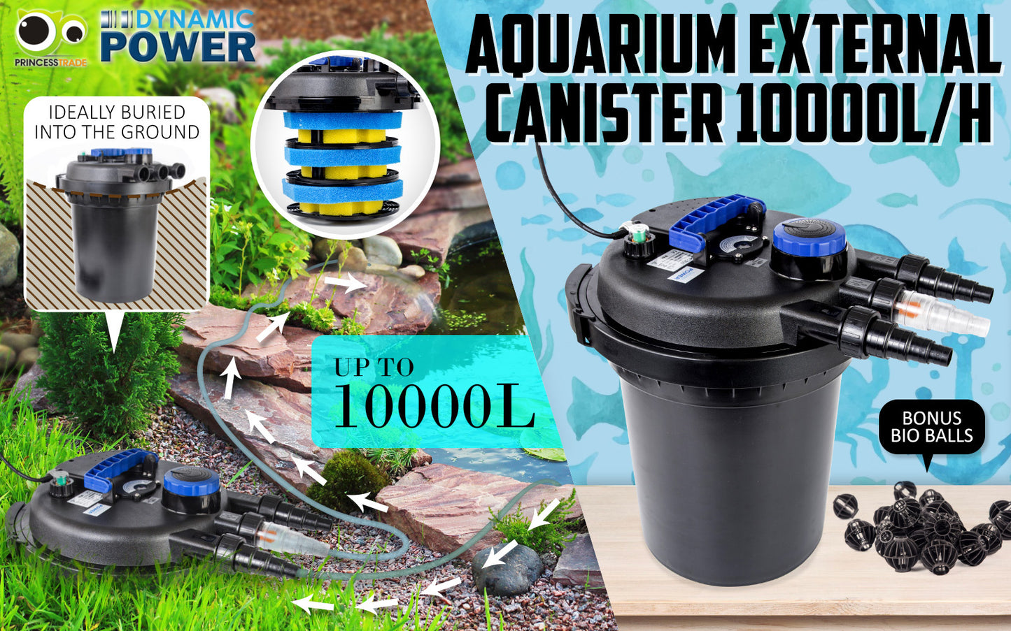 Combo Aquarium Garden Filter 10000L/H + Submersible Water Pump 16000L/H V274-AQ-CPF250-CTP16000