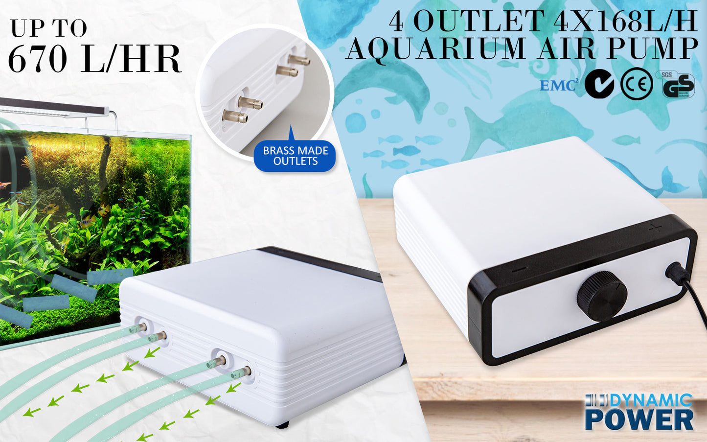 Aquarium Air Pump Oxygen Hydroponic 4 Outlet 670L/H 8W WHITE V274-AQ-CT404