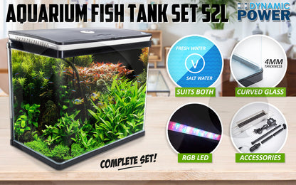 Aquarium Curved Glass RGB LED Fish Tank Set Filter Pump 52L V274-AQ-FT52L-BK
