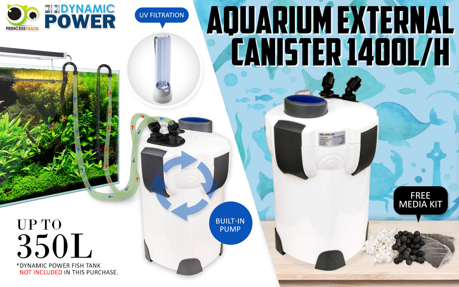 Aquarium UV Light External Canister Filter 1400L/H + Media Kit V274-AQ-HW303