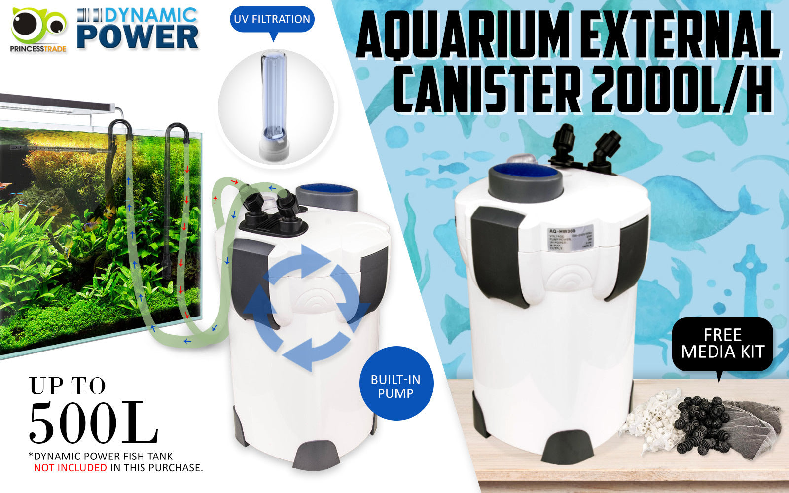 Aquarium UV Light External Canister Filter 2000L/H + Media Kit V274-AQ-HW304