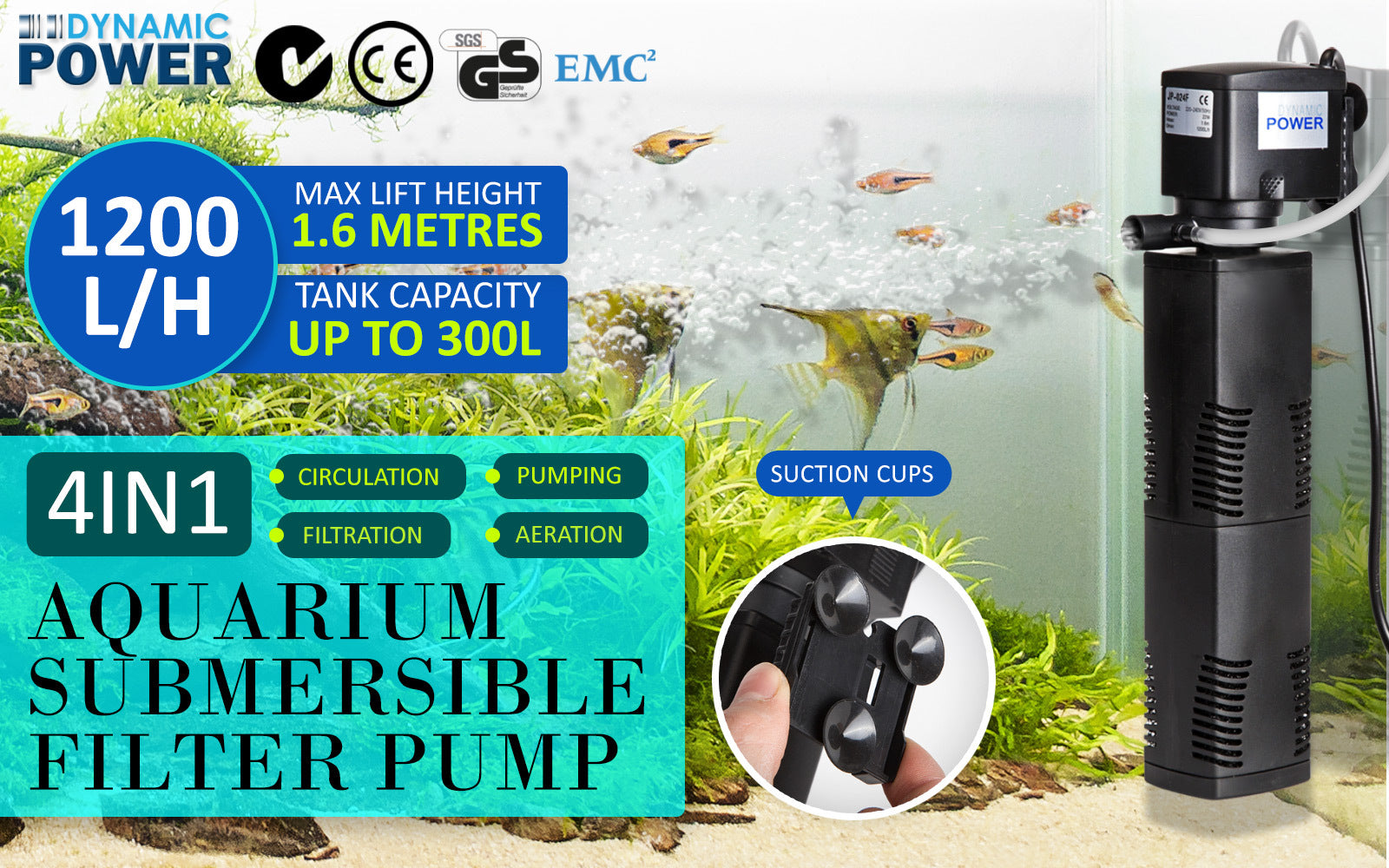 Aquarium Submersible Filter Pond Pump 1200L/H 22W 1.6m V274-AQ-JP024F-22