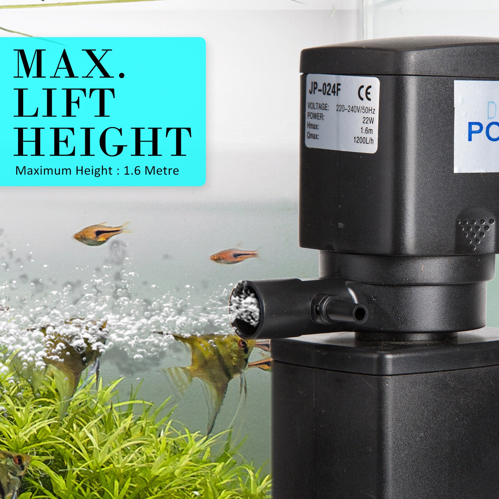 Aquarium Submersible Filter Pond Pump 1200L/H 22W 1.6m V274-AQ-JP024F-22