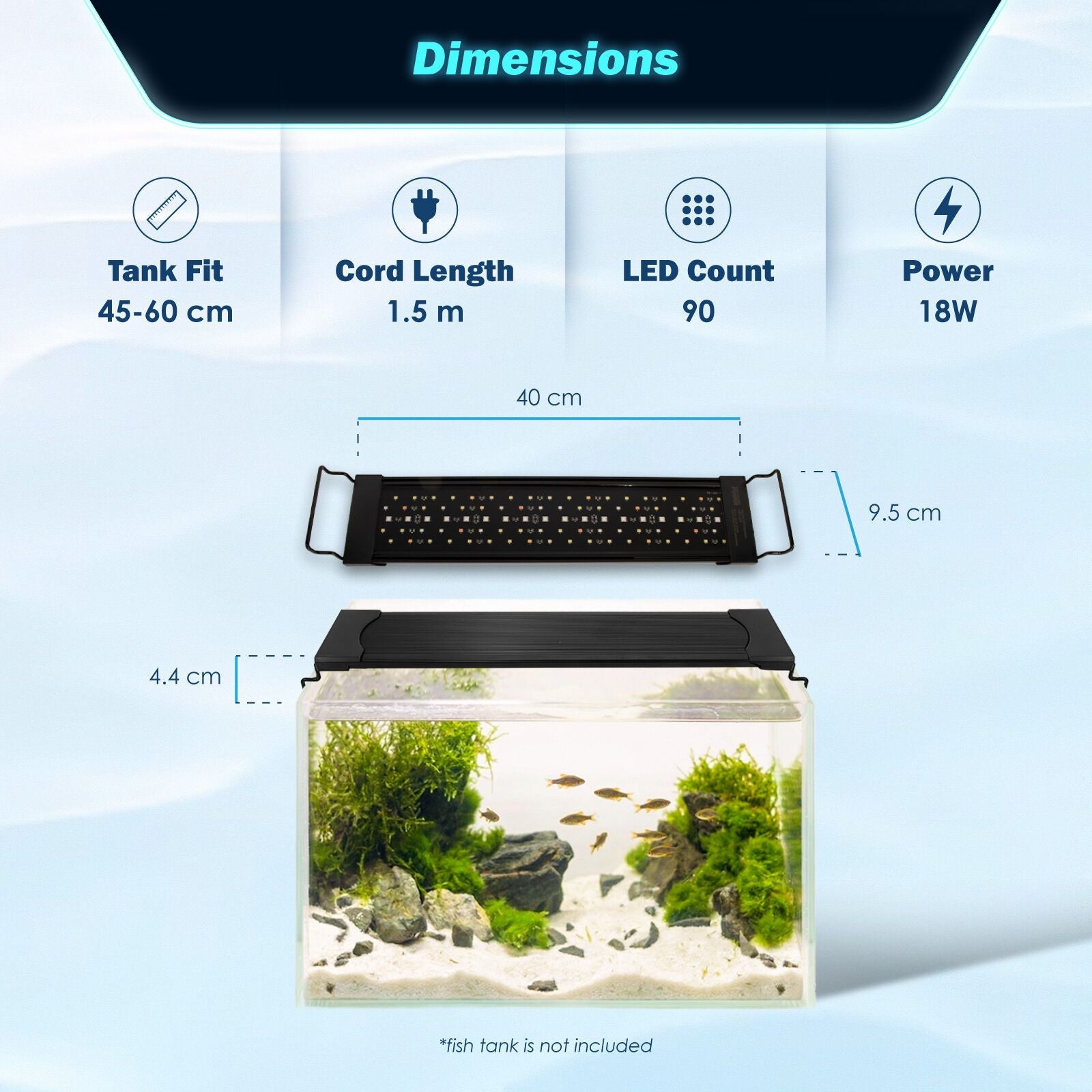 Dynamic Power Planted Aquarium LED Light Day Night Cycle Full Spectrum 18W 40cm