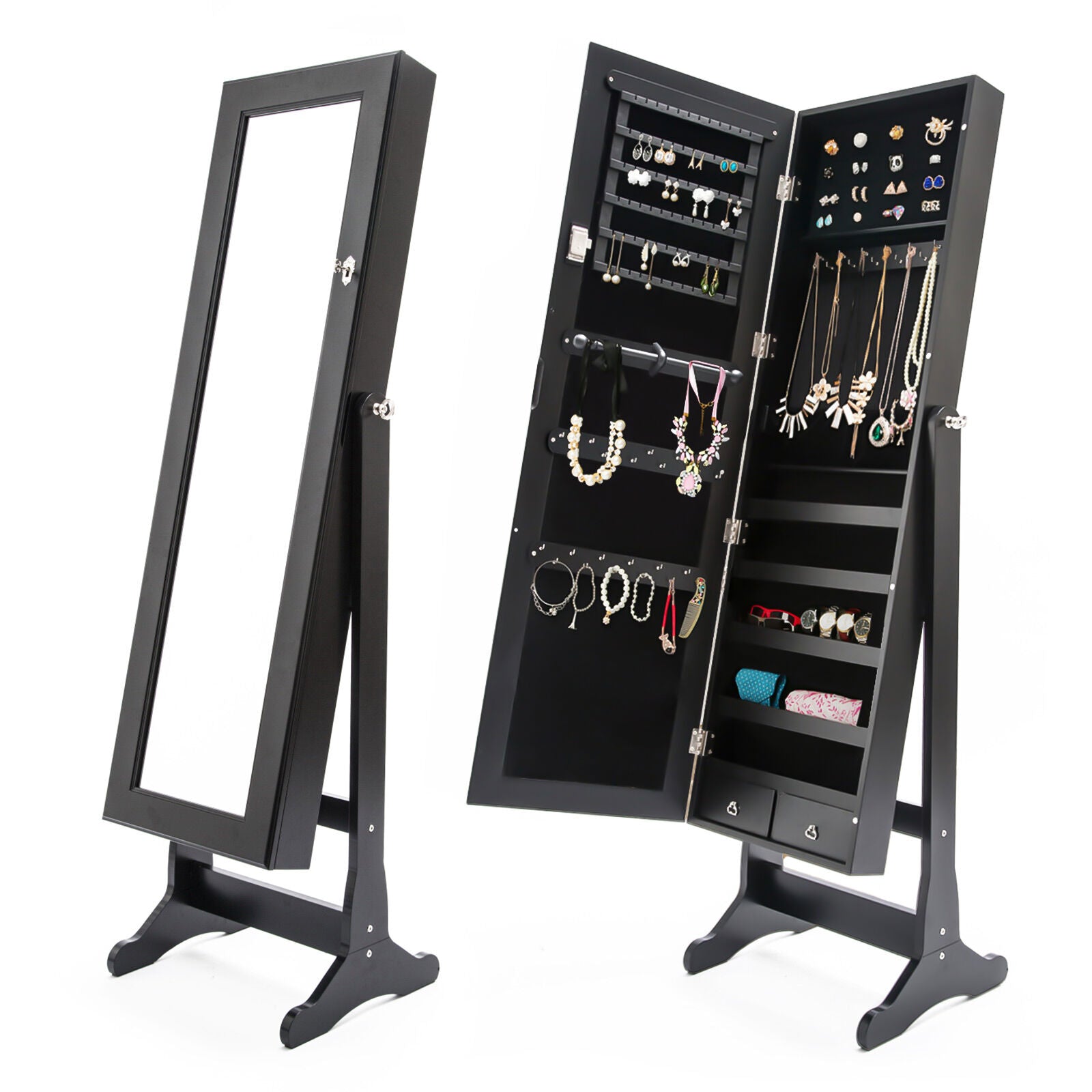 Mirror Jewellery Cabinet Organiser 2 Drawers LOWE 146cm BLACK V274-FT-2D-146BK