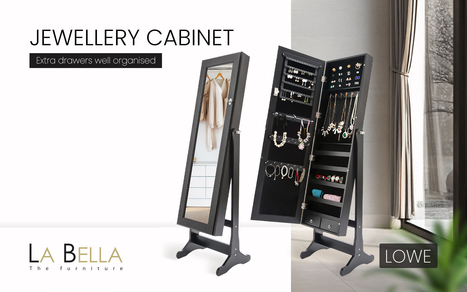 Mirror Jewellery Cabinet Organiser 2 Drawers LOWE 146cm BLACK V274-FT-2D-146BK