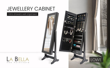 Mirror Jewellery Cabinet Organiser 2 Drawers LOWE 146cm BLACK V274-FT-2D-146BK