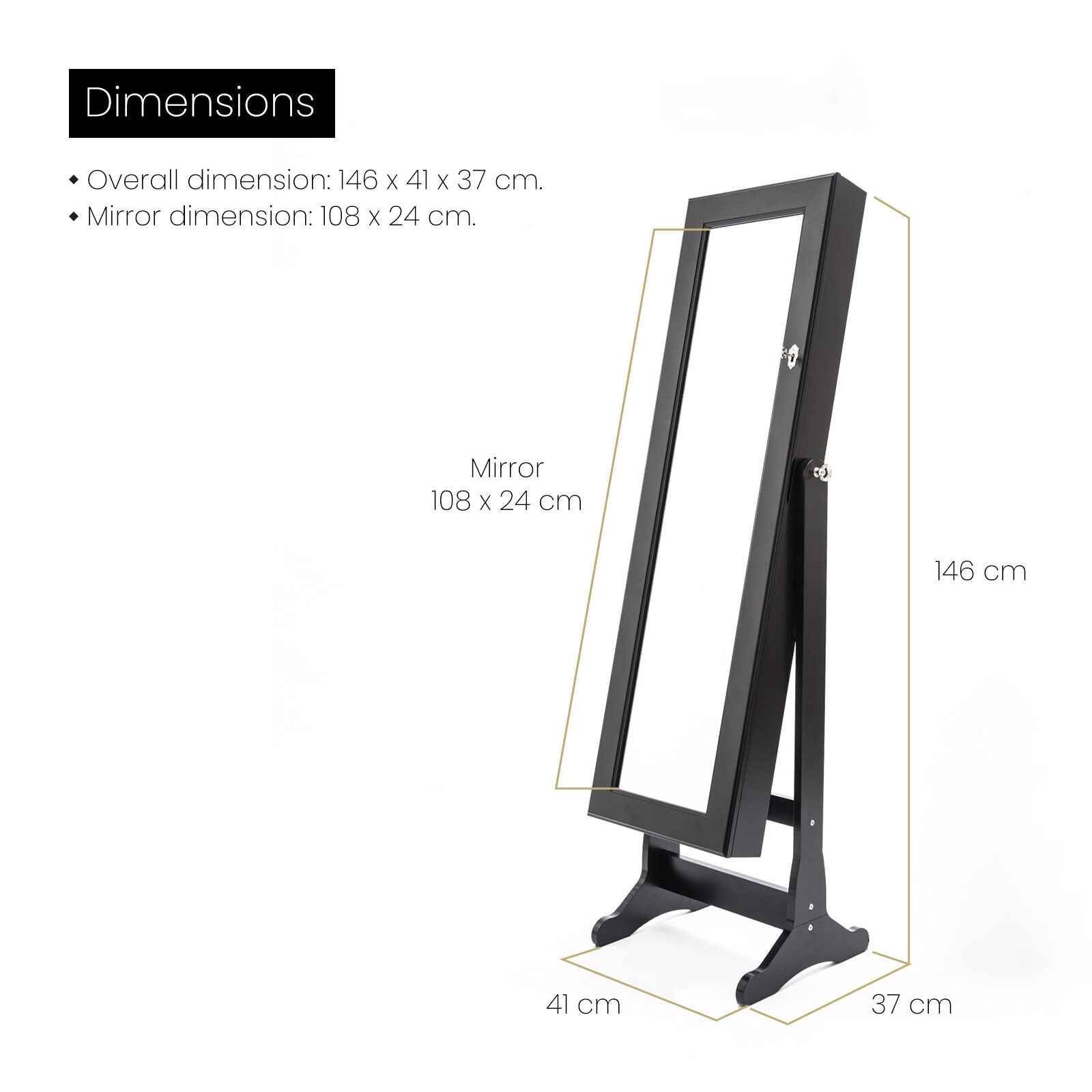 Mirror Jewellery Cabinet Organiser 2 Drawers LOWE 146cm BLACK V274-FT-2D-146BK